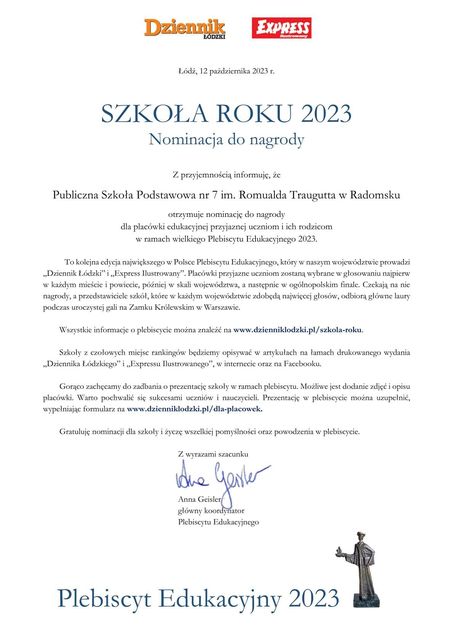 Szkoła Roku 2023 - nominacja